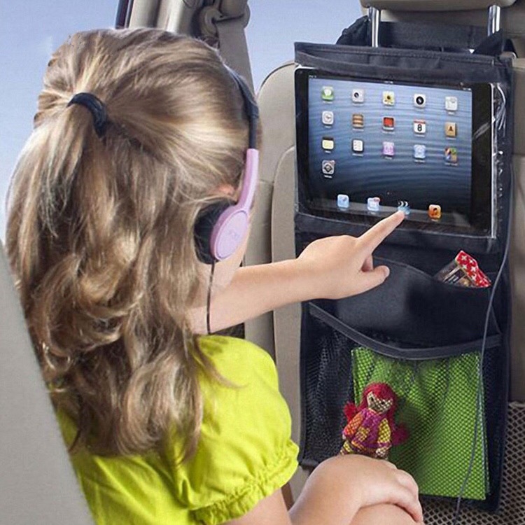 Polyester backseat kids car organizer with ipad touch screen holder storage bag