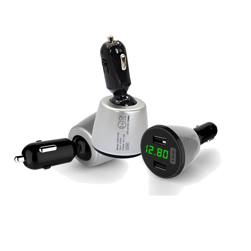 High Quality Promotional 360 Degree Free Rotation 2.4A Mini Adapter Dual USB Led Car Charger with LED Display Monitor